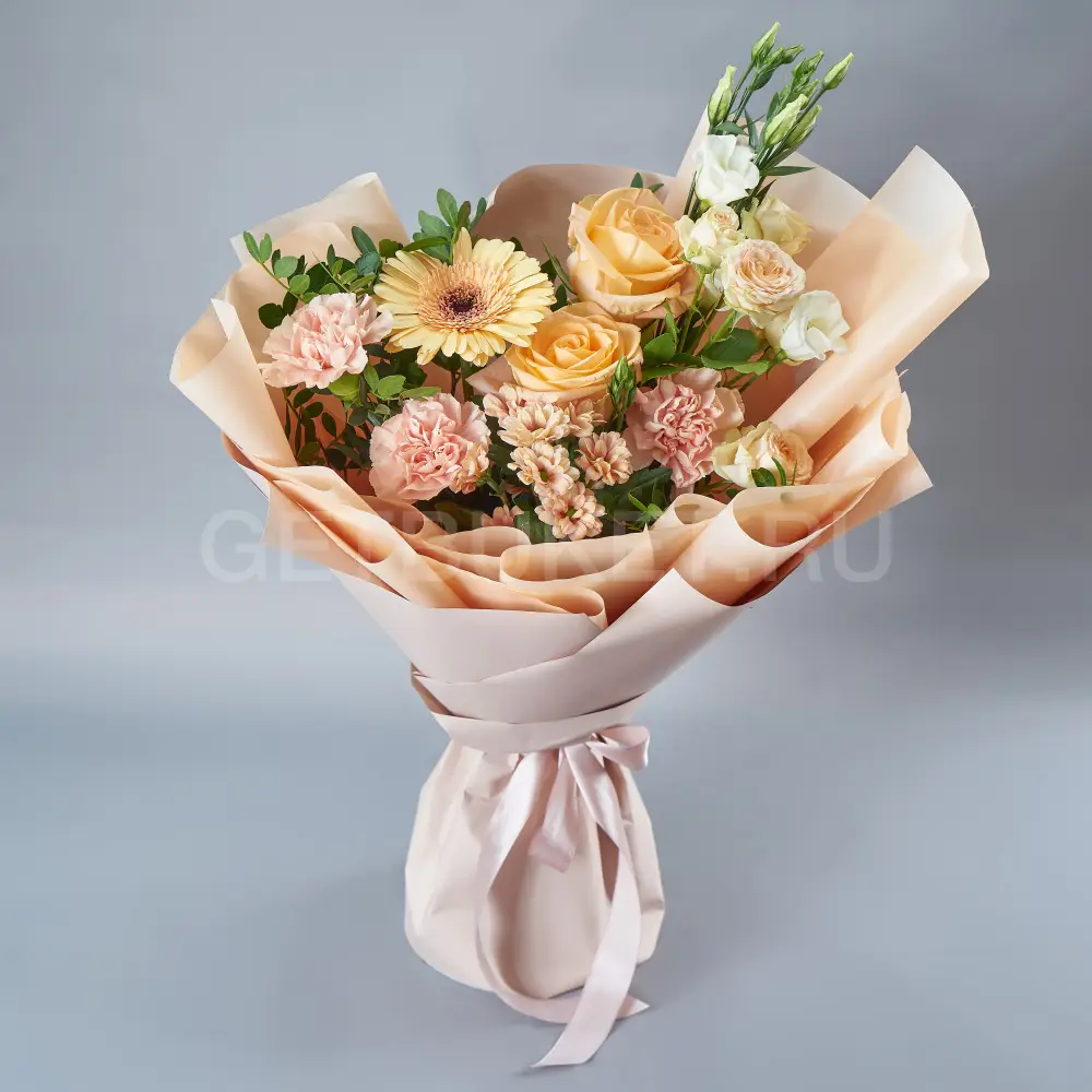 214896 Букет из гвоздик, роз и эустомы